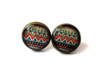 aztec stud earrings - tribal geometric jewelry - blue / RED - gift for her