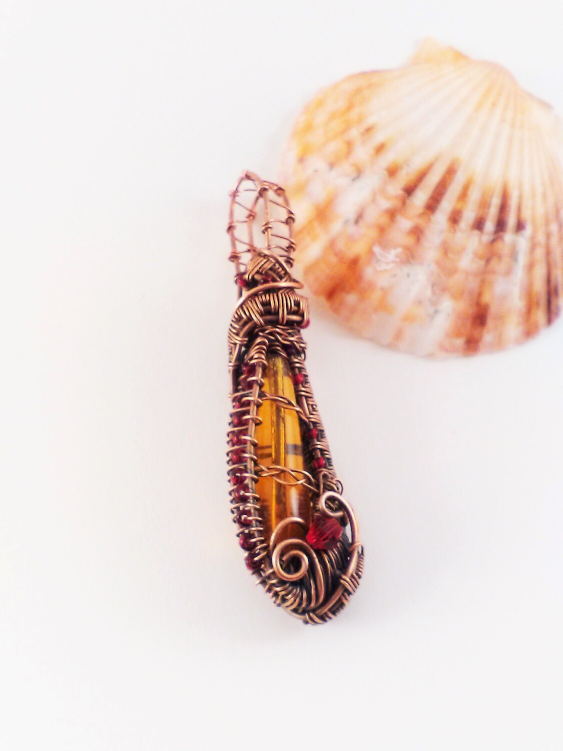 Heady pendant necklace copper wire wrapped pendant amber