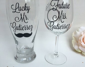 Lucky Mr, Future Mrs Personalized Wine and Beer Glass Set, Engagement Gift, Engagement Gift Glasses, Engagement Gift for Couple