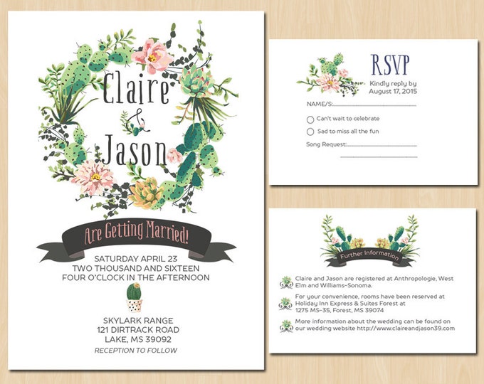Aztec Cactus and Floral Wedding Suite - PRINTABLE Invitation // RSVP // Information Card // Full suite or separate purchase