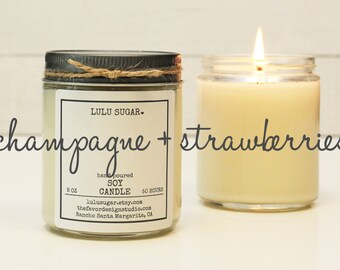 Champagne + Strawberries Scented Soy Candle - 8 oz jar | Soy Candle Gift | Gift for Her | Mother's Day Gift | Celebration Gift | Send Gift