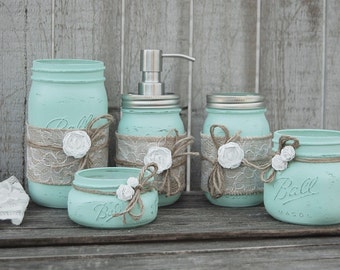 Mason Jar Bathroom Set, Mint Green, Shabby Chic, Soap Dispenser, Bathroom Jars, 5 Piece, Burlap, Rustic, Distressed, Beach Decor, Metal Pump