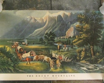 Vintage Currier & Ives " THE ROCKY MOUNTAINS " litho print ; Emigrants crossing the plains : 16 3/4 x 10 3/4 inches
