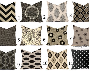 Pillow Cover Throw Accent Pillow - Black Cream Natural Modern Lattice Ikat - 16x16, 18x18