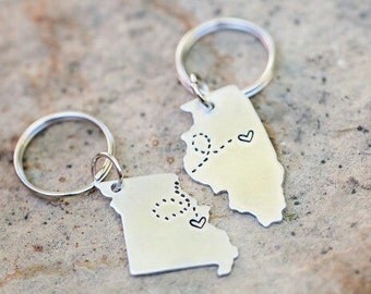 Long Distance Relationship Keychains - Set of Two, state keychains, BFF gift, going away gift, girlfriend gift, best friend gift, custom
