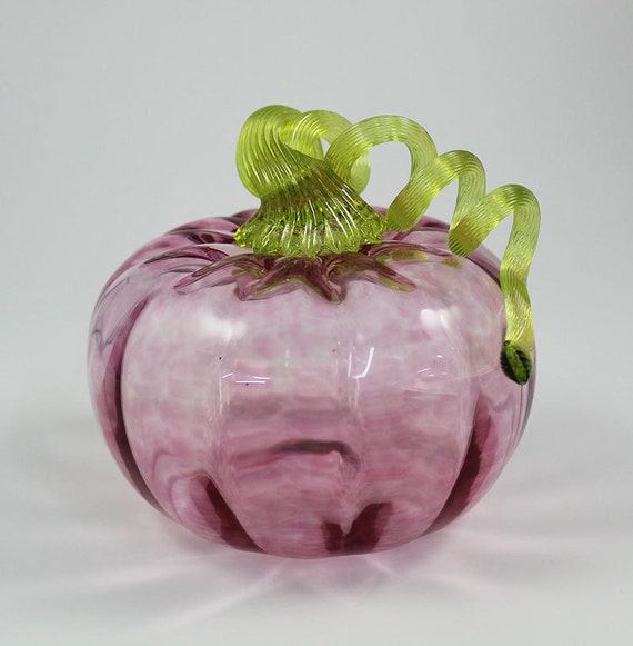 Transparent PInk Blown Glass Pumpkin with Yellow Stem-Glass