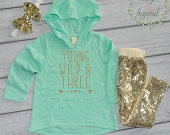 Third Birthday Girl Outfit, 3rd Birthday Shirt, Hoodie Pants and Headband, Young Wild and Three, Third Birthday Outfit Girl 136