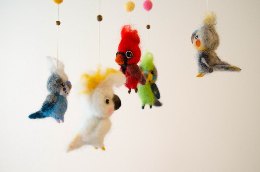 Animal crib mobile Birds Parrots needlefelted nursery