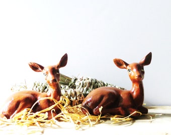 Pair of Ceramic Deer, Deer Fawn Figurine, Statue, Woodland Animals, Cabin Decor