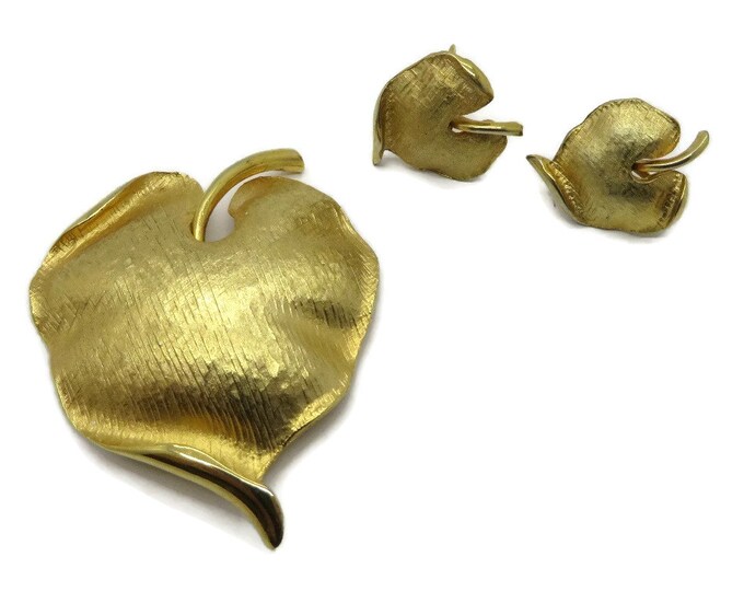 Vintage Leaf Brooch and Earrings Set, Gold Tone Demi Parure, Valentine's Day Gift, Gift Boxed