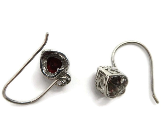 Garnet Heart Earrings Vintage Sterling Silver Dangling Pierced Earrings Bridal Jewelry