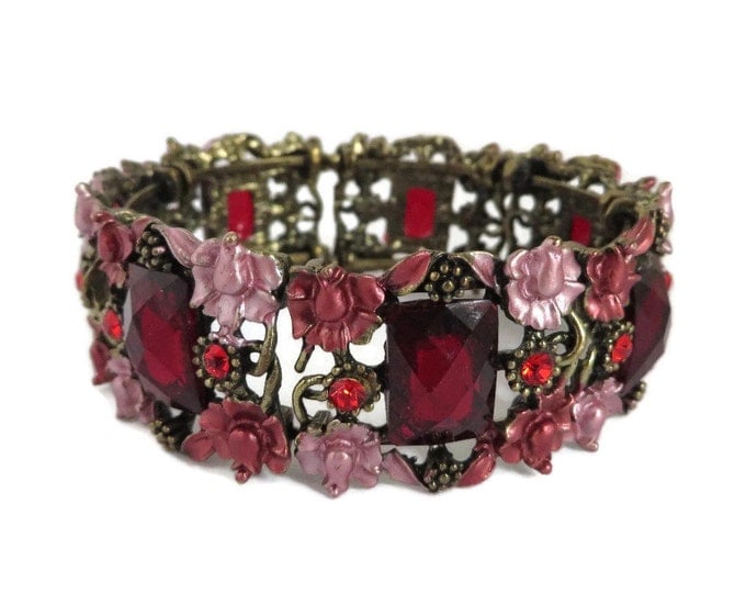 Vintage Red Rhinestone Flower Bracelet, Red and Pink Floral Bangle