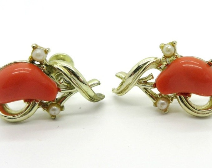 Vintage Coro Lucite Earrings - Orange Bead, Faux Pearl Screwback Earrings