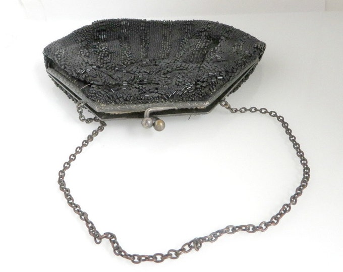 Vintage Black Beaded Evening Bag, 1940s-50s Handbag, Evening Wear, Sparkly Black Purse