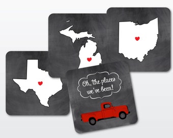 Oh The Places We've Been State Coaster Set - Custom Drink Coasters with Map - Gift for Couple - Rustic Home Decor - Unique Anniversary Gift