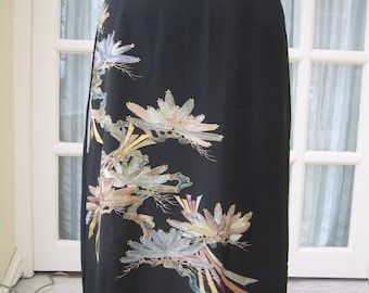 Japanese Silk Skirt Black Embroidered Size 8 Vintage