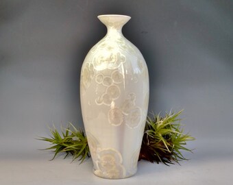 Hold for Cate. Tall Ceramic Vase, Crystalline Glaze Pottery, Large Handmade Snow White Bottle, Silver Gold Crystals, 12" High