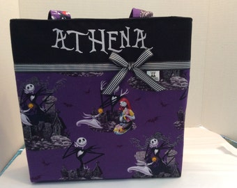Personalized small ribbon tote made with The Nightmare before Christmas fabric
