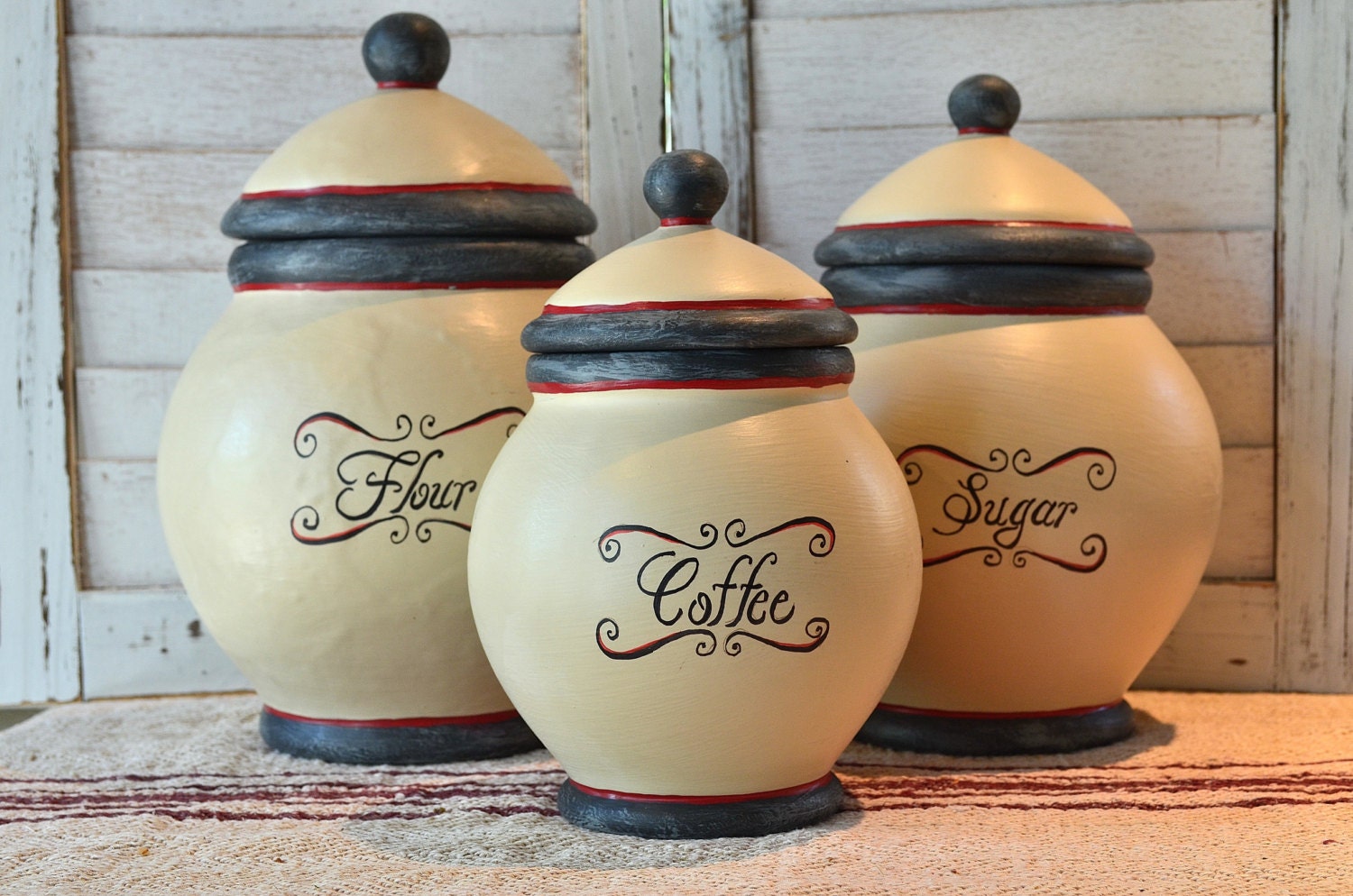 Ceramic Hand Painted Canister Set with Vintage Look Graphics