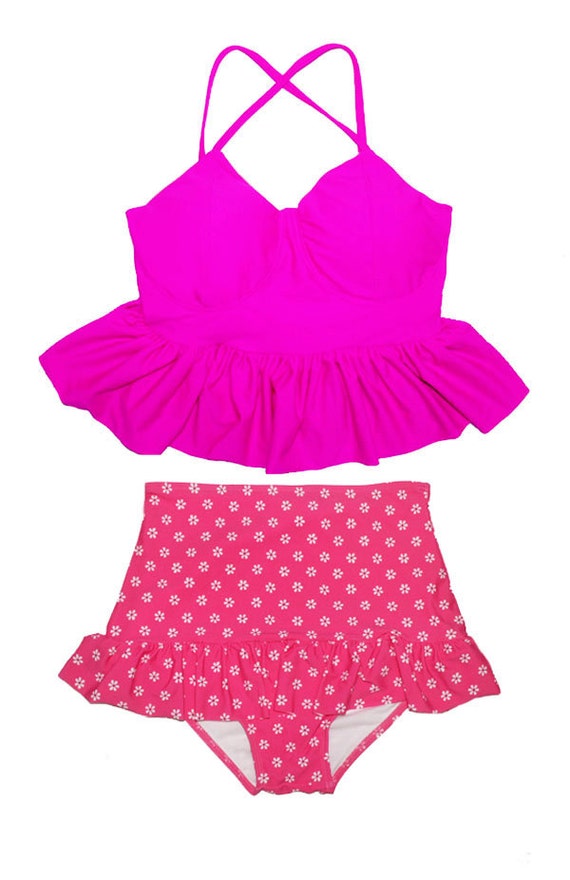 Hot Pink Tankini Long Peplum Top and Polka dot High Waist