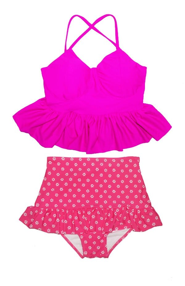 Hot Pink Tankini Long Peplum Top and Polka dot High Waist
