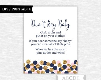 Dont say baby game sign pink navy glitter gold confetti girl baby shower don't say baby game sign printable baby shower game (CON202)