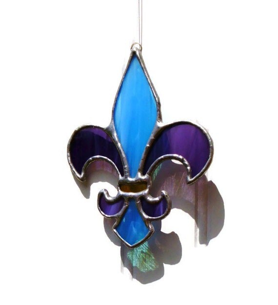 Stained Glass Suncatcher Fleur de Lis Sun Catcher Turquoise