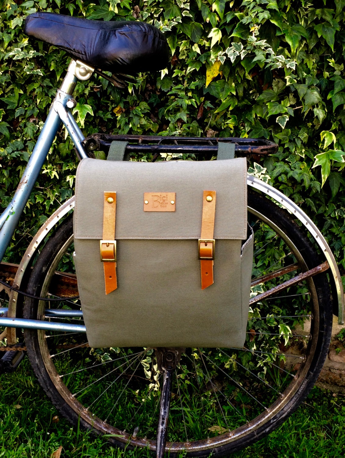 Green safari canvas and leather pannier/bicycle