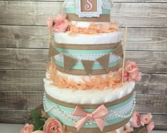 Shabby Chic Diaper Cake in Burlap, Mint and Peach, Shabby Chic Baby Shower Decoration