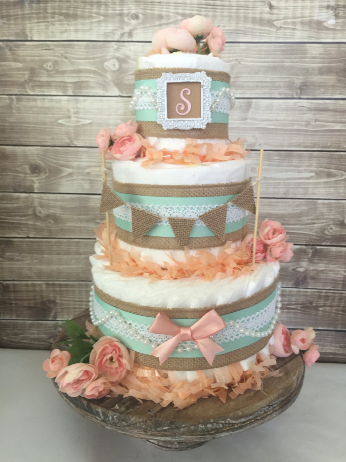 Shabby Chic Diaper Cake in Burlap Mint and Peach Shabby Chic Shabby Chic Diaper Cake in Burlap Mint and Peach Shabby Chic