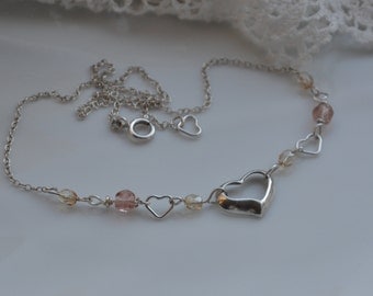 Silver sterling hearts necklace assemblage / Antique pink glass beads / Fire polished Czech glass beads / Delicate silver sterling chain