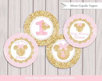 Pink and Gold Minnie Mouse Cupcake toppers, Glitter Cake Toppers, Decorations Birthday Printables, Minnie party printable Printable DIY