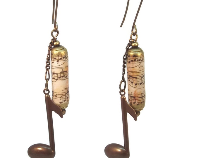 Musical Note Paper Bead Dangle Drop Earrings, OOAK, Nickle Free Brass Ear Wires, One of a kind