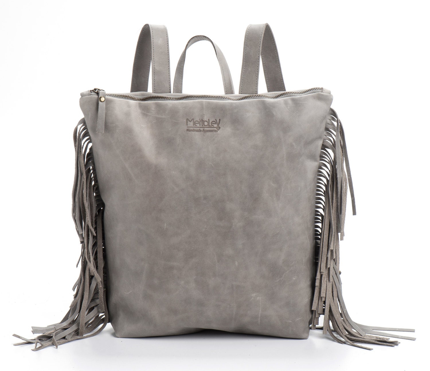 Grey Leather Backpack Laptop Bag Fringed Backpack Bag