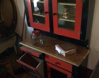Vintage, Miniture, Salesman Sample, 1920s Kitchen HOOSIER CABINET - Black w/ Red Accents & Wood Counter top