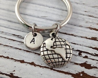 Globe Keychain, Globe Key Chain, Personalized Keychain, Custom Keychain, Travel Keychain, Initial Keychain, Gift Under 10