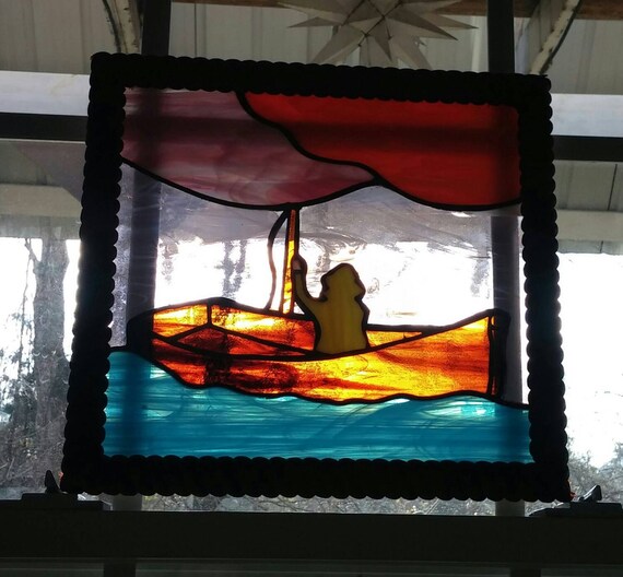 Fisherman in a boat Stained glass Panel Fisherman fishing on