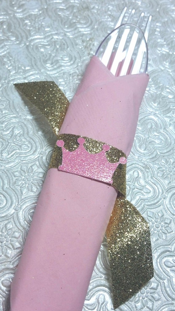 Crown tiara prince princess napkin rings with glitter ribbon