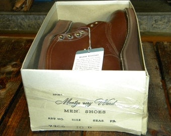 1950's Men's Vintage Work Boots, By Montgomery Ward, Brown, 10 D, New / Deadstock, Made in USA, Still in Original Box