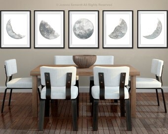 Moon Phases 5 Watercolor Prints Set, Full Moon Painting, Grey Lunar Phase Print, Phase of the Moon Poster, Grey and Blue Home Decor