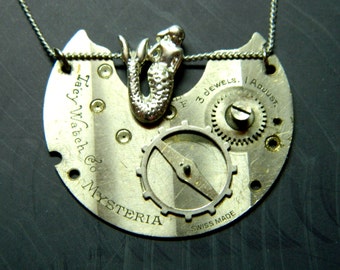 The Little Mermaid Mystery Steampunk jewelry, silver colored steam naiad, undine, water nymph, unique collectible old pocket watch element