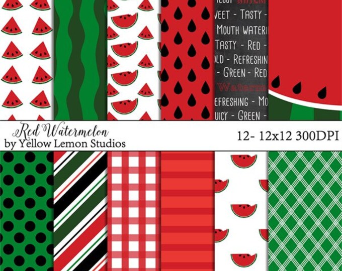 Watermelon Digital Papers "RED WATERMELON" summer, green, sweet, juicy, picnic, chalkboard, scrapbook, background, seeds, family, sun, red