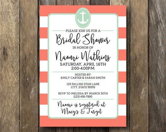 Nautical Bridal Shower Invite - Printable Bridal Shower Invitation - Coral and Mint Bridal Shower - Nautical Bridal Shower Invitation