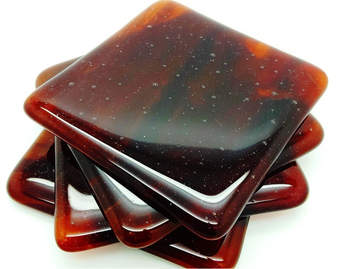Red brown fused glass coaster set. Handcrafted coasters giftware. house Home decor. Housewarming wedding anniversary leaving birthday gift.