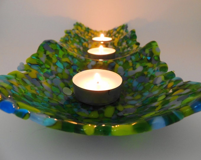 Fused glass green blue trinket dish, tealight holder. Handmade green nibbles dish. party bowl . Wedding anniversary, housewarming gift.