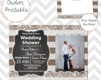 Burlap and Lace Stripe Couple's Wedding Shower Invitation w/ picture DIY Printable