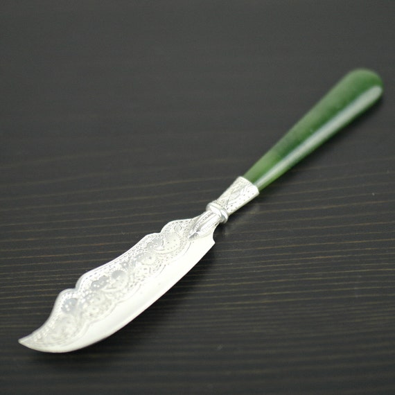 Antique c.1900 sterling silver knife Jade Nephrite handle Art