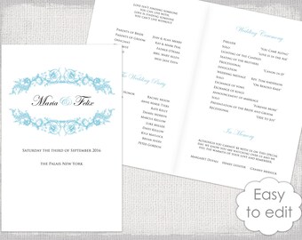 Blue Wedding program template fold over DIY order of ceremony booklet Pool Blue "Liliana"YOU EDIT Word instant download order of service