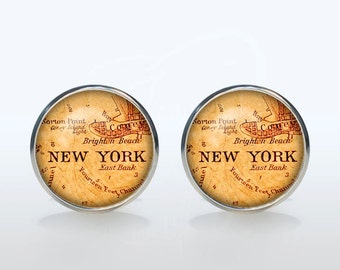 New York map Cufflinks Silver plated New York vintage map Cuff links men and women Accessories Antique black brown red green