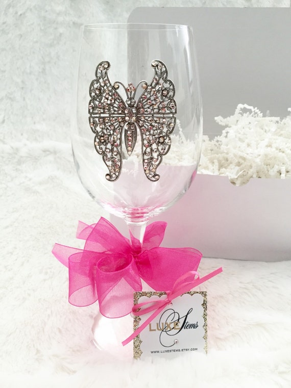 Items similar to Butterfly...Adorned Crystal Wine Glass With An